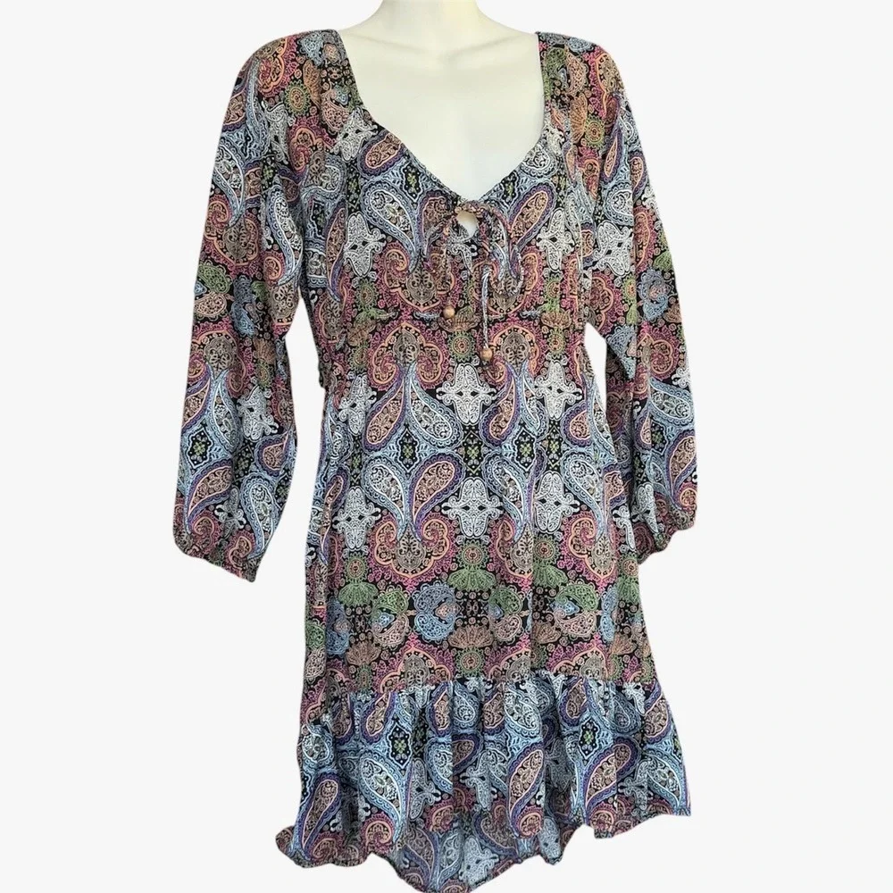 Earthbound Trading Co V Neck Lantern Sleeve Mini Dress Paisley Print Boho size S